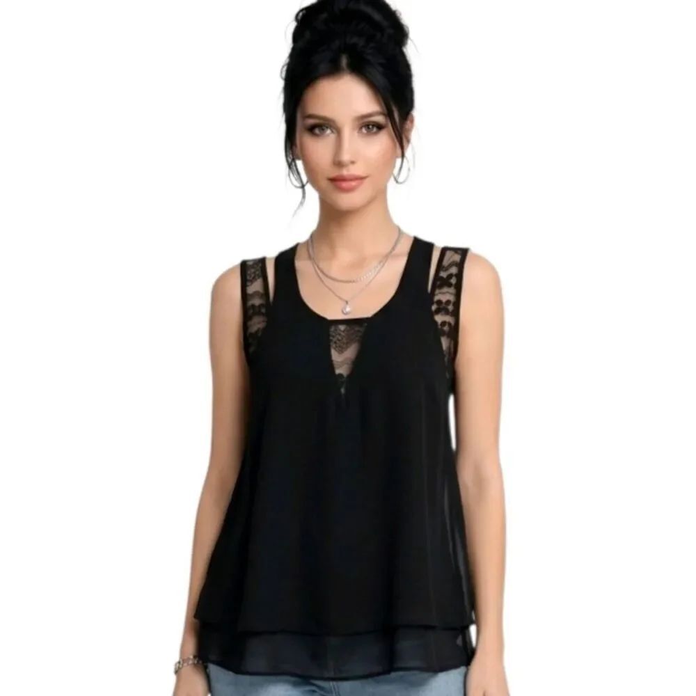 YA Los Angeles Black Lace Cutout Sleeveless Sheer Chiffon Blouse Size L